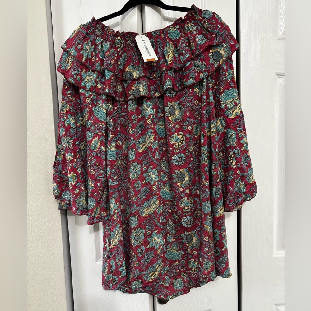 EARTHBOUND Floral Blouse - Burgundy and Teal